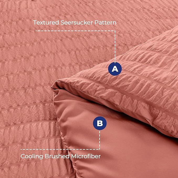 HYMOKEGE Coral King Size Comforter Set Seersucker 7 Pieces, All Season Luxury Bed in a Bag for Bedroom, Bedding Set with Comforter, Sheets, Pillowcases & Shams