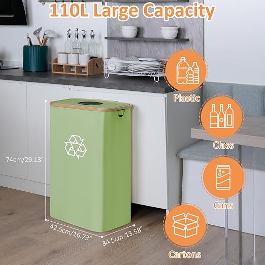 iEGrow 29 Gallons Recycling Bins for Kitchen, Indoor Recycle Bins with Lid, 110L Large Recycle bin with 2 Removeable Reusable Inner Bags, for Bottles Cans Glass Plastice Cartons(Green) - Image 3