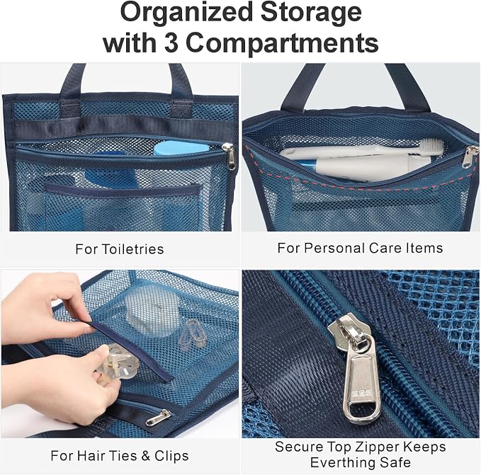 F-color Mesh Shower Caddy Portable Hanging - 3 Pockets Small Shower Bag Tote for Camping, Gym, Travel, Toiletry, Quick Dry Bathroom Essentials with S Hook, Navy Blue - Image 5