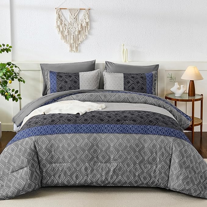 Dinjoy Blue Gray King Size Comforter Set,Striped Boho Bed in a Bag King 7 Pieces Soft Fall Bedding Comforters Microfiber Complete Sets for All Season