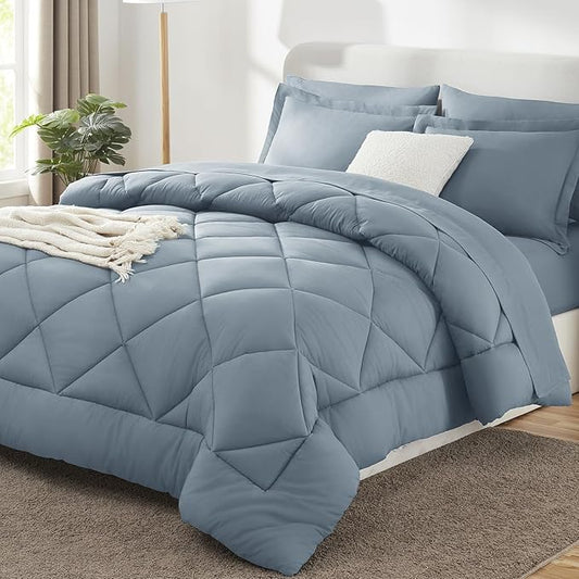 CozyLux Oversized Queen Comforter Set Dusty Blue, 7 Pieces Bed in a Bag Comforter Set with Sheets Luxury Bed Set All Seasons, Bedding Set with Down Alternative Comforter, Sheets, Pillowcases & Shams