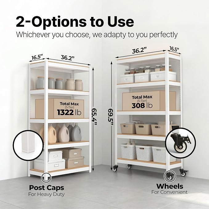 HOMEDANT House 36.2" W 5 Tier Heavy Duty Garage Shelving Adjustable Metal Rack Storage Shelves Standing Shelf Unit Organizers Pantry Closet Office White 2Pack - Image 2
