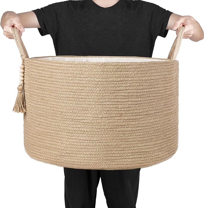 Mkono Extra Large Laundry Basket Woven Storage Baskets for Blankets Toys Clothes Organizer, Decorative Clothes Hamper 21.7" x 13.8" - Image 6