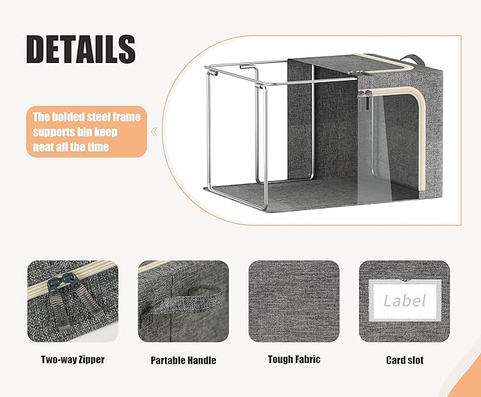 3 Opeings Large Clothes Storage Bins with Metal Frame, Foldable Storage Bin for Clothes, Clothing Storage Bins with Lid, Linen Storage Box With Clear Window＆ Zippers＆ Handles.(3 Pcs,Dark Grey,66L) - Image 4