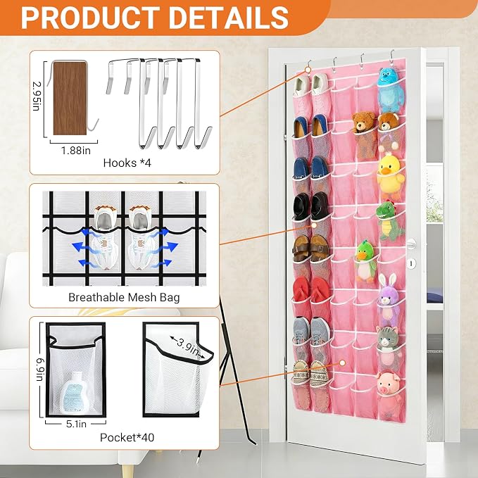 40-Pocket Over the Door Shoe Organizer - Large Mesh Pocket Hanging Shoe Organizer,Behind the Door Shoes Storage Holder Hanger (Pink-W) - Image 4