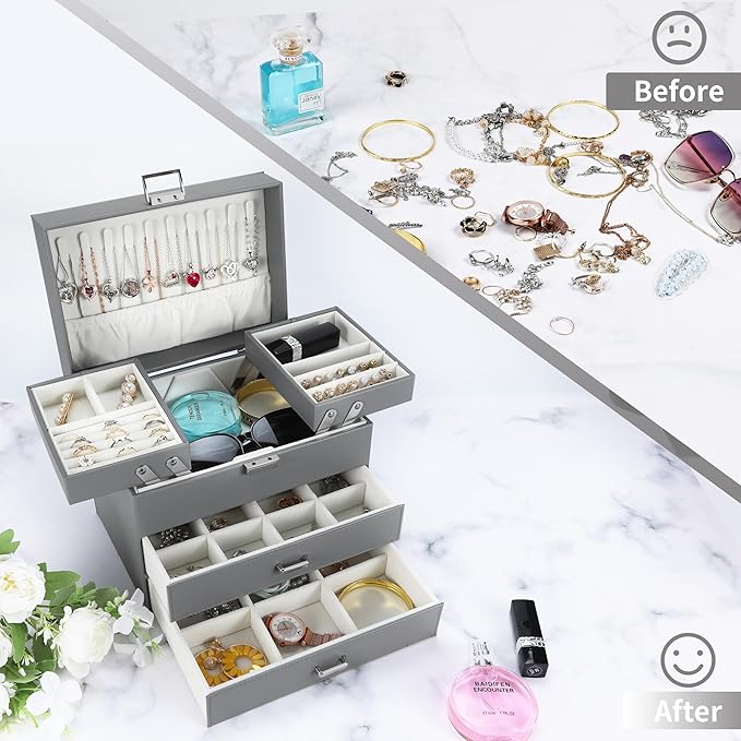 Dajasan Jewelry Organizer Box, Large Jewelry Boxes for Women Girls, Space-Saving 4 Layers Jewelry Storage Case with Drawer, Movable Metal Stand, Modern, Gift Idea (Grey) - Image 2