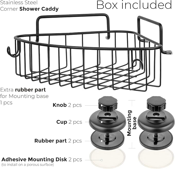 HASKO accessories Corner Shower Caddy with Suction Cup Shower Shelf with Hooks, Stainless Steel Bathroom Caddy, Wall Mounted Shower Basket for Bathroom, Adhesive 3M Stick Discs Included (Black) - Image 5