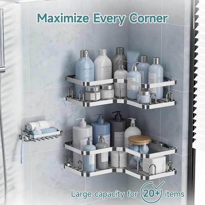 Veken Corner Adhesive Shower Caddy 3-Pack with Soap Holder&Hooks,No Drilling Shower Shelves,Rustproof & Waterproof Bathroom Organizers and Storage,Rack for Small Spaces, Kitchen&Rental-Friendly,Silver - Image 5