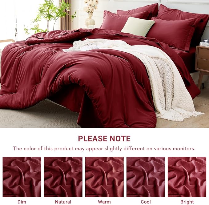 MUXHOMO 7 Pieces California King Comforter Set, Soft Bed in a Bag Cal King Size, All Season Bedding Set with Comforter, Flat Sheet, Fitted Sheet, Pillowcases & Shams, Burgundy Red