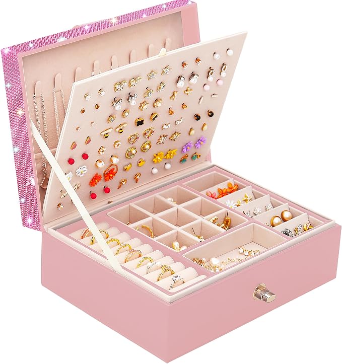 QBestry Jewelry Box for Earrings for Girls Jewelry Organizer Box Earring Holder Organizer for Girl Earring Box Jewelry Box Stud Earring Organizer for Girls Earring Jewelry Boxes for Women Pink Bling by QBestry