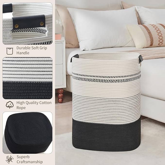 AINUOQI Laundry Basket with Handles - Blanket Basket & Hampers for Bedroom Aesthetic, Laundry Hamper & Blanket Storage for Living Room, Clothes Hamper, Tall, Large 17" x 14" x 22”, Black & White - Image 4