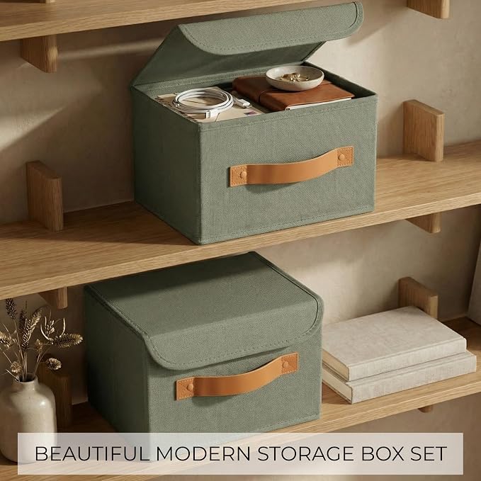 Decorative Linen Storage Boxes with Lids - Spacious Set of 2 Organizer Bins for Your Home Decor - The Perfect Small Container to Safely Store Photos, Documents and Memory Box Keepsakes in Style - Image 3
