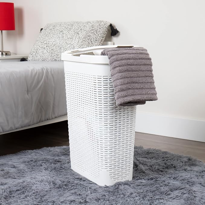 Mind Reader Slim Laundry Hamper with Lid, 40L Clothes Basket, Narrow Tapered Design with Ventilated Cutout Pattern, Plastic, Set of 2, White - Image 2