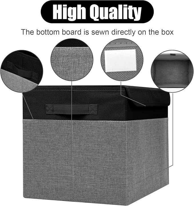 Large 17" 42 Quarts Collapsible Stackable Storage Bins with Lids [3-Pack] Foldable Fabric Linen Storage Boxes Cube, Closet Organizer Baskets with Label for Home (16.7 x 12 x 12", Black & Gray) - Image 5