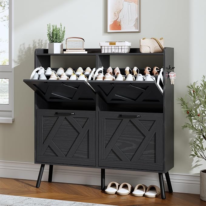 Nicetree Shoe Cabinet with 4 Flip Drawers, Hidden Shoe Rack Cabinet with Metal Legs, Farmhouse Narrow Shoe Storage Cabinet for Entryway, Foyer, Hallway, Black with Hook by Nicetree