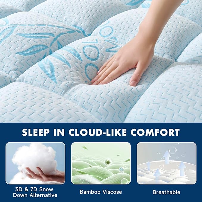 Full Mattress Topper Viscose Derived from Bamboo,Breathable and Soft Extra Thick Pillow Top Mattress Pad Cover for Back Pain, Deep Pocket Fits 7–21 Inch Mattress (54"x75",Blue)
