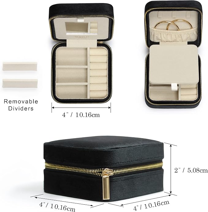 BLUTETE Travel Jewelry Box Organizer Velvet Travel Case With Mirror Rings Earrings Necklaces Storage Organizer Box (Black) - Image 2