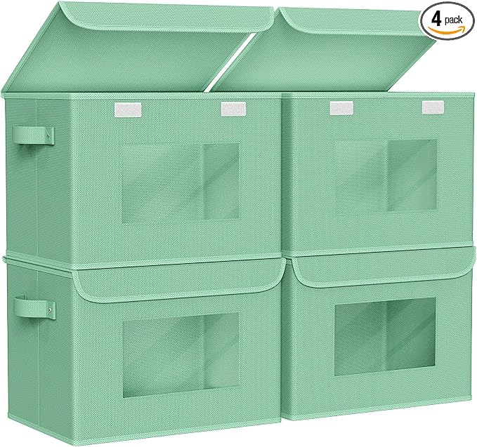 Univivi Collapsible Stackable Storage Bins with Lids [4-Pack] Foldable Fabric Closet Organizer Basket, Closet Organizers and Storage Cube Storage Bin for Home, Office, Bedroom (Green) by Univivi