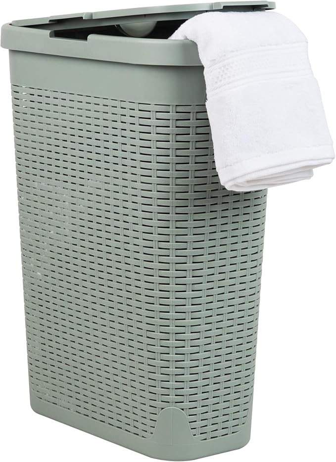 Mind Reader Slim Laundry Hamper with Lid, 40L Clothes Basket, Narrow Tapered Design with Ventilated Cutout Pattern, Plastic, Mint by MindReader