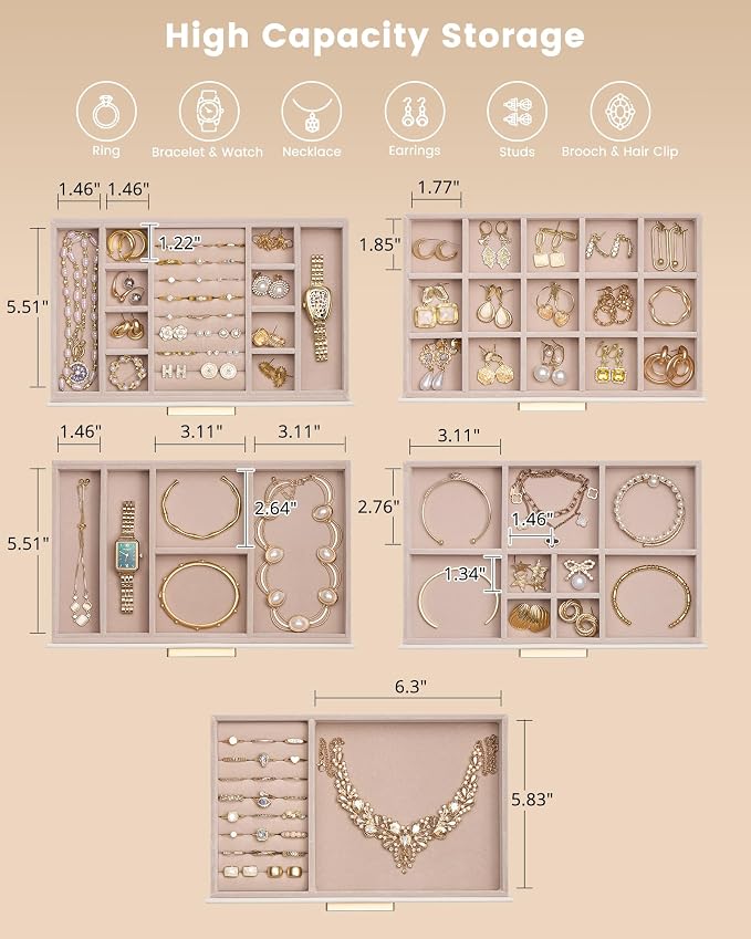 Lolalet Jewelry Box Organizer, 5-Layer Jewelry Organizers and Storage Case with Glass Lid, Ring Earring Bracelet Necklace Holder Organizer, Birthday Valentine Gifts for Women Girls -5Layer, Beige - Image 5
