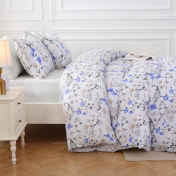 MUXHOMO Blossom Blue Bed in a Bag Queen 7 Pieces, Queen Comforter Set Reversible Botanical Flowers Design, Ultra Soft & Breathable Bedding Sets with Comforter, Sheets, Pillowcases & Shams