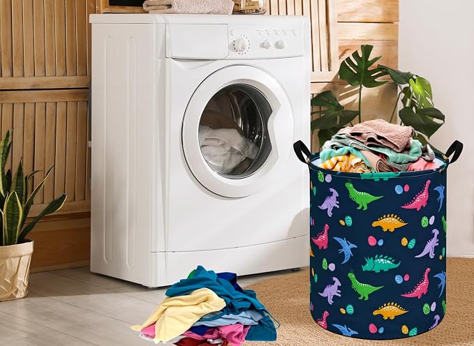 Collapsible Kids Laundry Basket Clothes Hamper, Foldable Storage Organizer Bin, Toy Clothes Storage with Handles for Boys Girls Bedroom, Room Decor Dinosaur - Image 3
