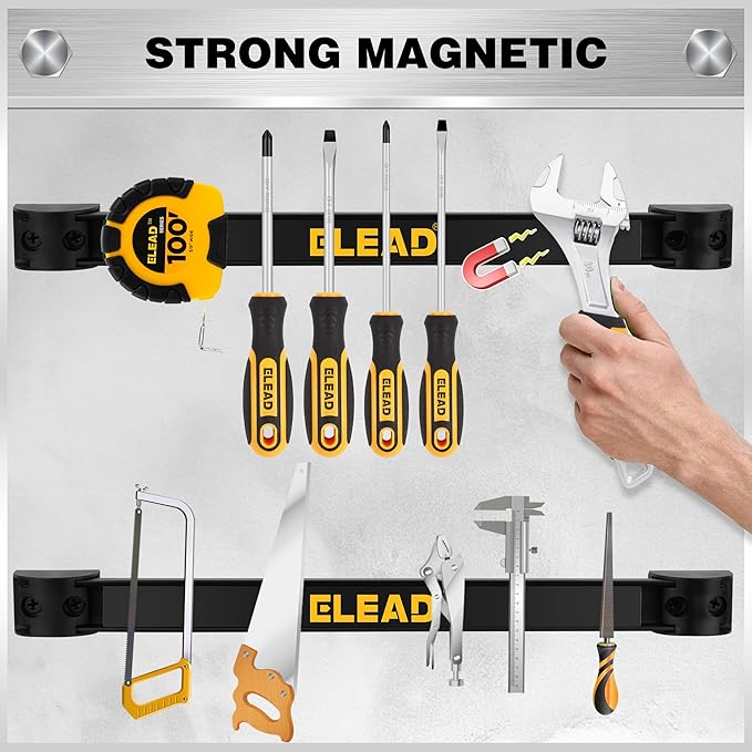 ELEAD 9-Piece 12" Magnetic Tool Holder Storage Organizer - Wall Mount Rack Garage Organization Power Magnet Hanger Workbench Board Slatwall Van Organizers Mounted Hanging Strip - Image 5