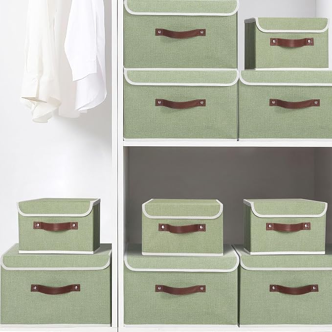 ANMINY 2PCS Storage Bin with Lid Storage Boxes with PU Leather Handles PP Plastic Board Decorative Foldable Lidded Cotton Linen Fabric Home Cubes Baskets Closet Organizer Container - Green, Medium - Image 8