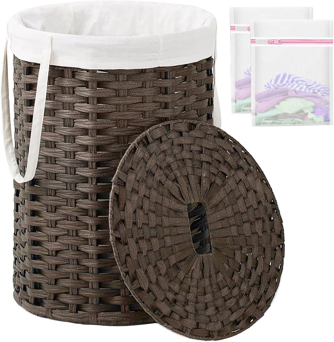 SETVSON Laundry Hamper with Lid, 19.0 Gal (72 L) Round Wicker Laundry Basket, Handwoven Rattan Basket with Lid, Removable Bag, 2 Mesh Bags, Handles for Living Room, Bathroom, Brown by SETVSON