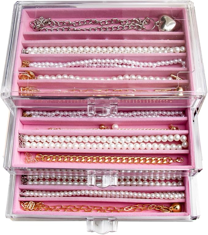 YUFONG Necklace Holder Organizer, Dustproof Necklace Box Velvet Necklace Organizer Box with Lid Clear Acrylic Dustproof Stackable Jewelry Displays for Necklaces Chain Display (Pink, 3 Drawer) by YUFONG