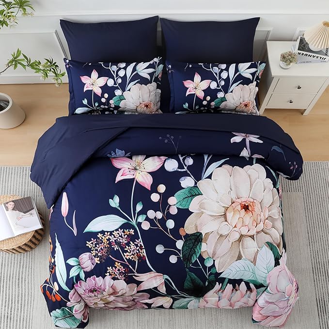 Drucon Navy Blue Comforter Set Queen Size - 7 Pieces Floral Bedding Sets, Soft Botanical Flowers Comforter Bed in a Bag with Sheets, Pillowcases & Shams