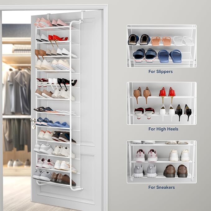 Whitmor 36 Pair Over The Door Shoe Organizer, 12 Tier Hanging Shoe Organizer, Heavy Duty Metal & Mesh Shoe Holder, Hanging Shoe Rack for Closet Organizer & Storage, 69"L x 21.7"W x 7.5"H, Matt White - Image 5