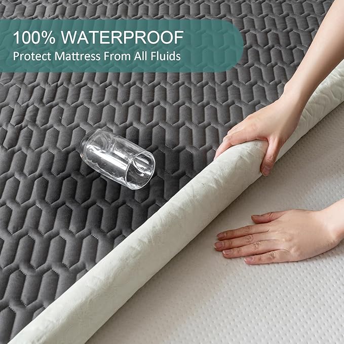 Waterproof Mattress Protector Twin Size, Mattress Pad Cover with Deep Pocket Fitted Up to 6"-15" Depth, Noiseless Soft Breathable Bed Mattress Cover Washable, Gray