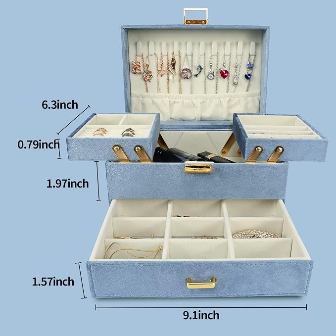 Dajasan Jewelry Organizer Box, Large Jewelry Boxes for Women Girls, Space-Saving 3 Layers Jewelry Storage Case with Drawer, Gift Idea for Christmas, Valentine's Day, Birthday, Mother's Day (Blue) - Image 6