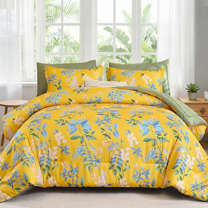 Cottolester Floral Comforter Set Queen Size,7-Piece Yellow Green Comforter Bed in A Bag,Botanical Comforter Set with Pillowcases,Soft Microfiber Complete Bedding Sets for All Season