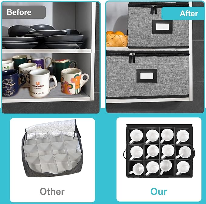 5 PACK China Storage Containers-Quilted Mug Storage and Moving Boxes for Dishes,Dish Packing Supplies for Moving,Dinnerware &Accessories,Holds a total of 48 plates (4 sizes) and 12 cups(Grey) - Image 2