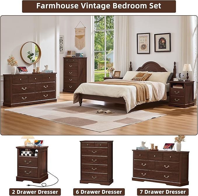 Farmhouse Dressers & Night Stand Set of 4,54" Wide 7 Drawer Dresser & 45" Tall Chest of Drawers, 18" Wide 2 Drawers End Table with Charging Station Set of 2,Furniture Dresser Sets for Home Walnut