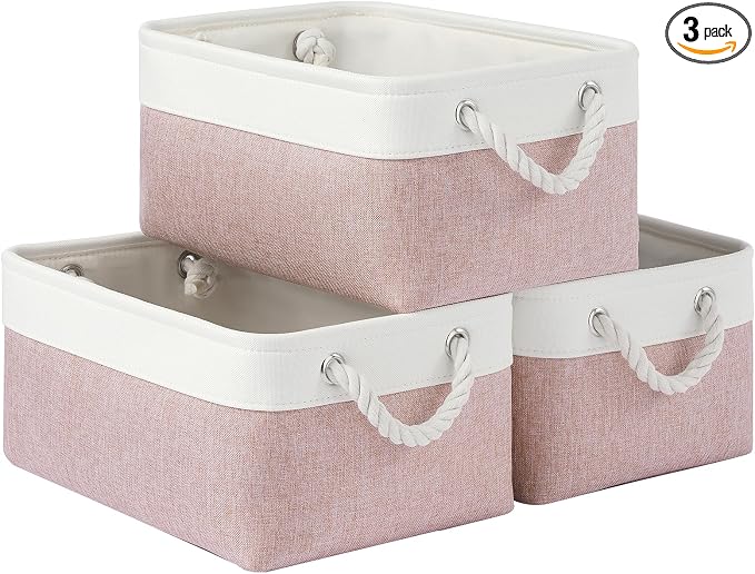 Storage Baskets for Shelves 13.8x9.8x6.7 Inch, Foldable Fabric Storage Bins with Handles, Small Storage Baskets for Organizing Closet, Office, Home Organization (3-Pack, White&Pink) by VQRTEXAStorageBasket