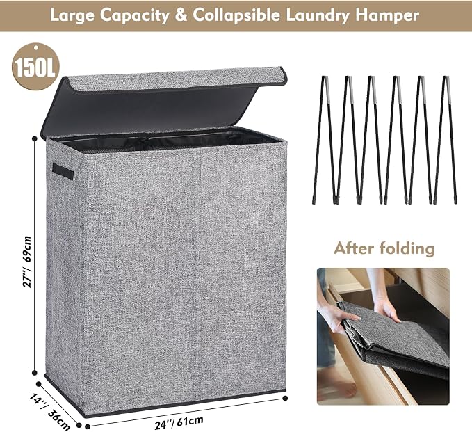 DOKEHOM 150L Double Laundry Basket with Lid and Removable Laundry Bags, Large Collapsible Laundry Hamper with 2 Sections for Bedroom, Bathroom, Laundry Room, Colloge (Grey) - Image 3
