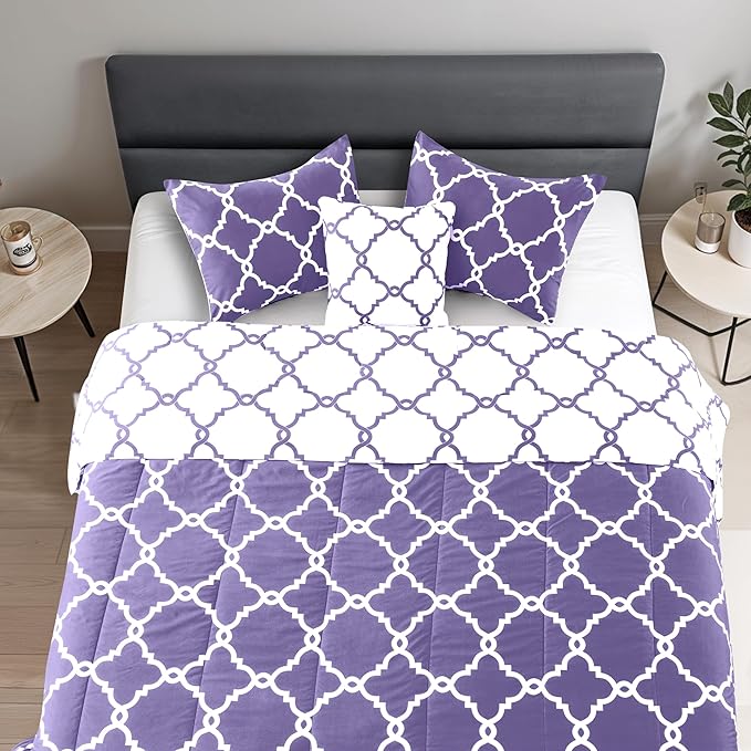 LUX Décor Reversible 5pc Queen Comforter Set, Printed Bedding Set, All-in-One Bed in a Bag, Includes 1 Comforter, 2 Pillow Shams, 1 Decor Pillow & 1 Bed Skirt (Quatrefoil Lavender,Queen)