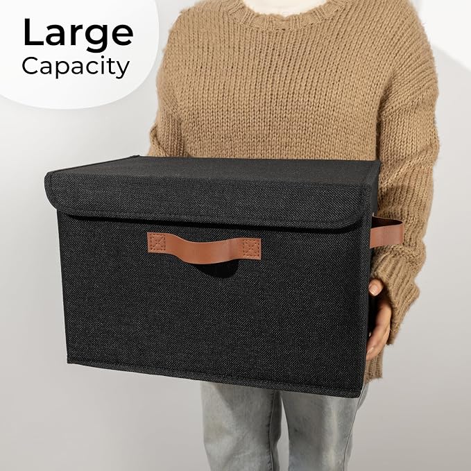 GRANNY SAYS Storage Bins with Lids, Decorative Storage Boxes with PU Handles, Black Storage Bin, Linen Closet Organizer, Shelf Baskets, Fabric Storage Bins for Clothes - Image 6