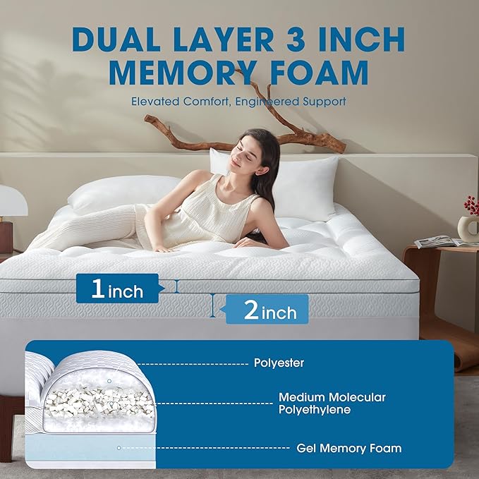 Dual Layer 3 Inch Memory Foam Mattress Topper Twin, 2 Inch Cooling Gel Memory Foam Plus and 1 Inch Pillow Top Mattress Pad Cover