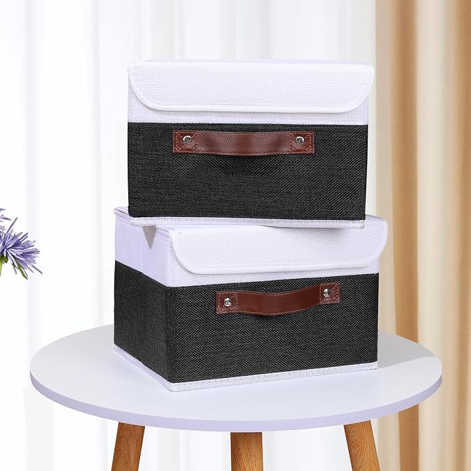 ANMINY 4PCS Storage Boxes with Lid Washable Decorative Storage Bins Basket with PU Leather Handle Foldable Linen Fabric Storage Cubes Containers for Home Closet Organizer - Black White, Small Size - Image 7