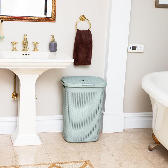 Mind Reader Slim Laundry Hamper with Lid, 60L Tall Clothes Basket, Narrow Tapered Design for Bathrooms, Closets and Laundry Rooms, Plastic, Mint - Image 6