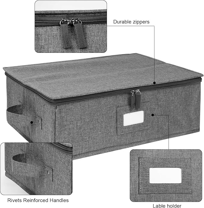 popoly Platter Storage Case, China Storage Containers Hard Shell 17" x 13" x 6", 5 Felt Dividers Included, Structured Top and Stackable (Linen Grey) - Image 3