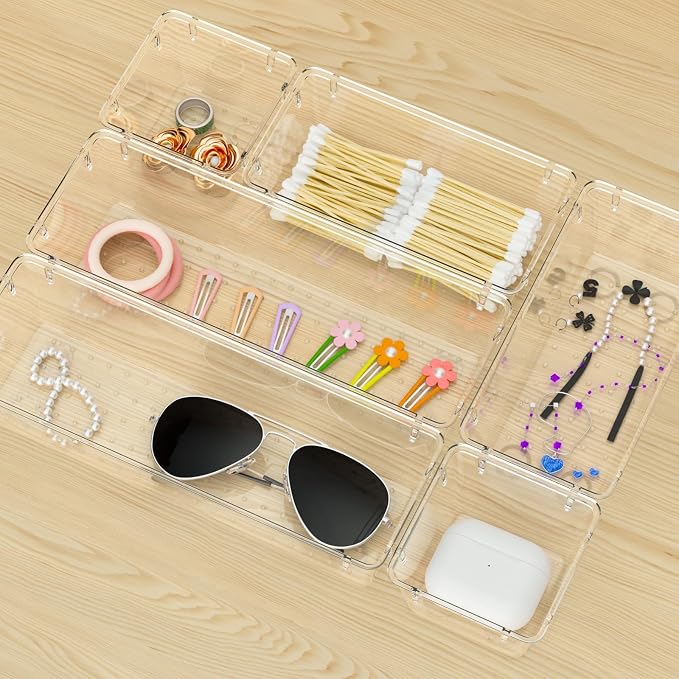 WOWBOX 12 Pack Clear Drawer Organizer Set, Acrylic Drawer Storage Trays, Storage Bins for Makeup, Cosmetics, Jewelries, Utensils, Gadgets, Office - Image 7