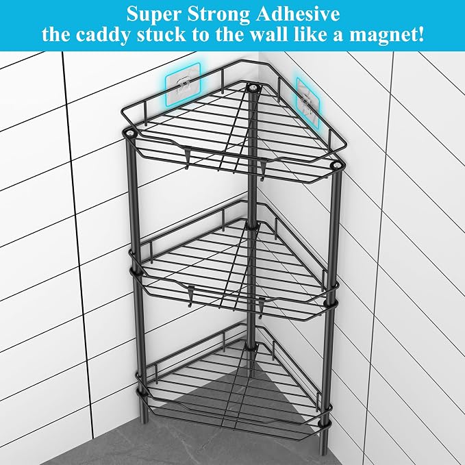 HuggieGems 3 Tier Floor Standing Corner Shower Caddy Organizer Shelf with Hooks, Bathroom Shelves Stand Rack, Matt Black - Image 2