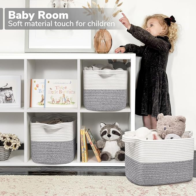 Goodpick Woven Storage Basket, Cotton Rope Baskets for Organizing, Closet Storage Bins with Handles, Small Laundry Basket for Clothes, Towels and Shoes, 13''x10''x9'', Gray and White - Image 3