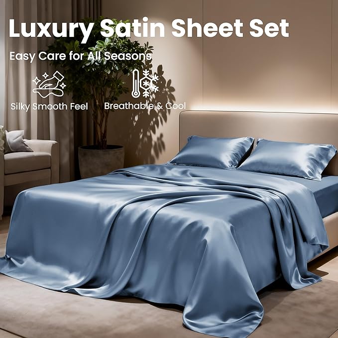 Love's cabin Full Size Satin Sheet Sets - 4 Piece Ash Blue Silky Sheet Set Full with Deep Pocket, Luxury Silk Feel Bed Sheets Full Bedding Set (1 Flat Sheet,1 Fitted Sheet,2 Pillow Cases)