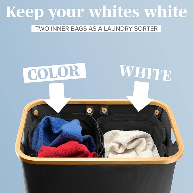 LONBET Laundry Basket with Lid, Made from Breathable Fabric | Aesthetic Clothes Hampers for Laundry with Side Handles & Sturdy Bamboo Frame (40 Gallons - Double, Black) - Image 4